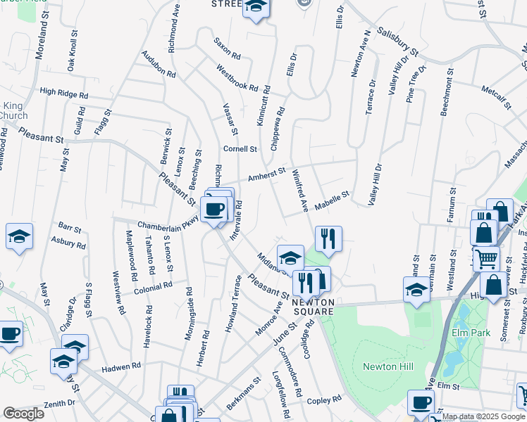 map of restaurants, bars, coffee shops, grocery stores, and more near 25 Creswell Road in Worcester