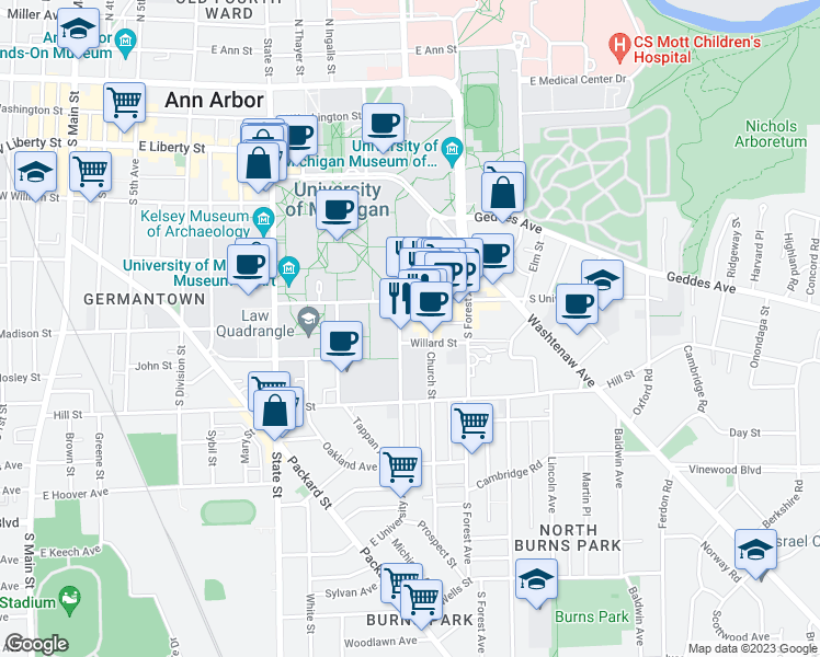 map of restaurants, bars, coffee shops, grocery stores, and more near 550 East University Avenue in Ann Arbor