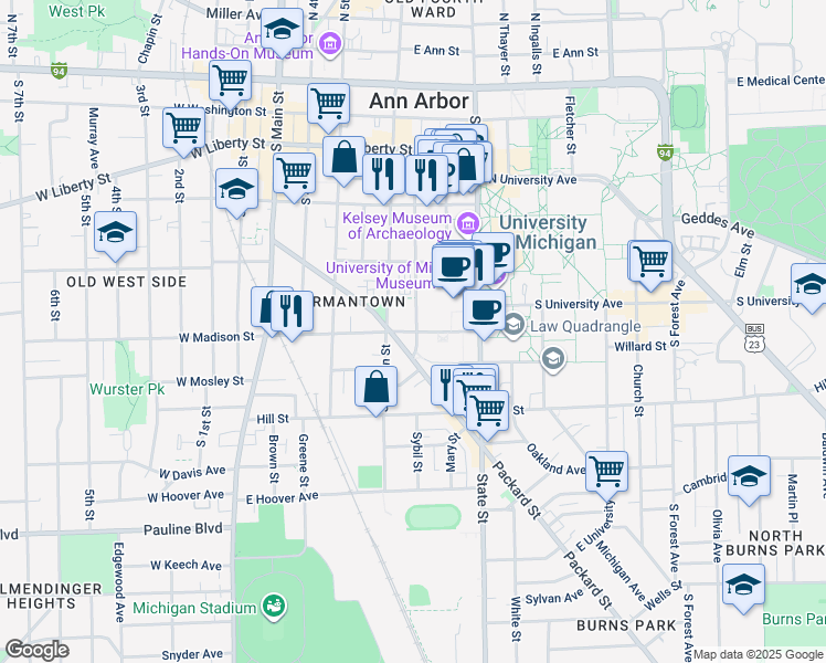 map of restaurants, bars, coffee shops, grocery stores, and more near 540 Thompson Street in Ann Arbor