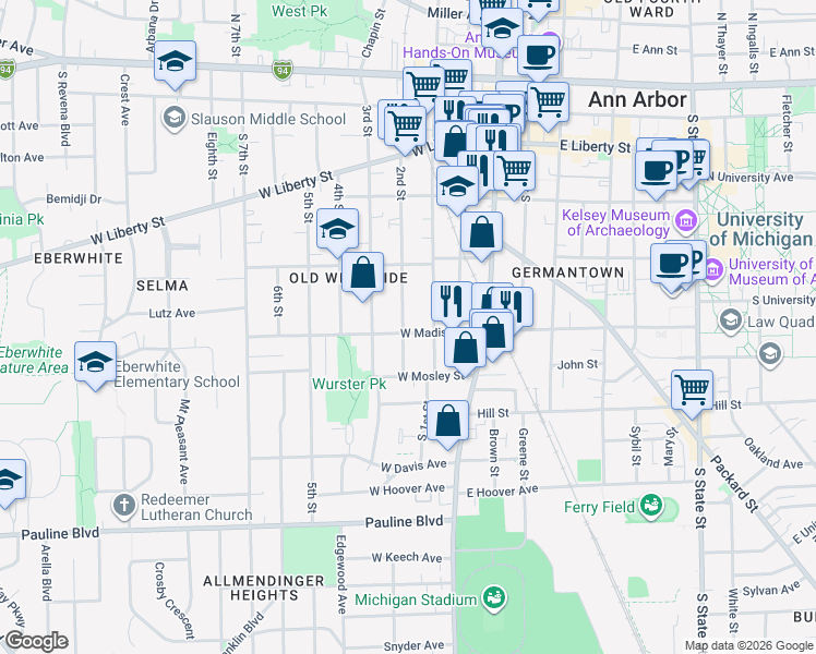 map of restaurants, bars, coffee shops, grocery stores, and more near 544 2nd Street in Ann Arbor