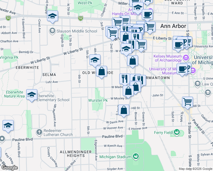 map of restaurants, bars, coffee shops, grocery stores, and more near 544 2nd Street in Ann Arbor