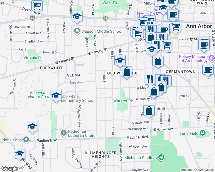 map of restaurants, bars, coffee shops, grocery stores, and more near 545 6th Street in Ann Arbor