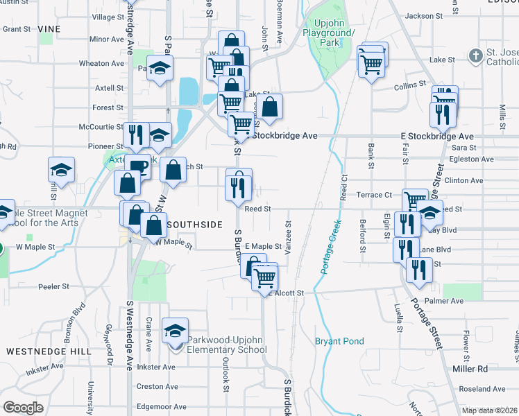 map of restaurants, bars, coffee shops, grocery stores, and more near 149 Reed Avenue in Kalamazoo