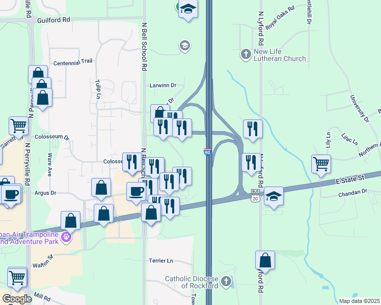 map of restaurants, bars, coffee shops, grocery stores, and more near 653 Clark Drive in Rockford