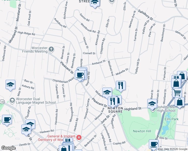 map of restaurants, bars, coffee shops, grocery stores, and more near 21 Creswell Road in Worcester