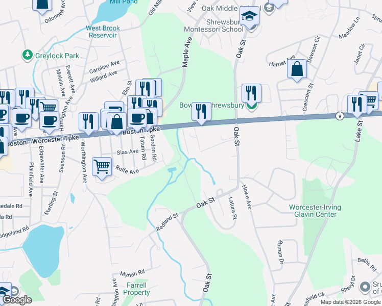 map of restaurants, bars, coffee shops, grocery stores, and more near 18 Casavan Avenue in Shrewsbury