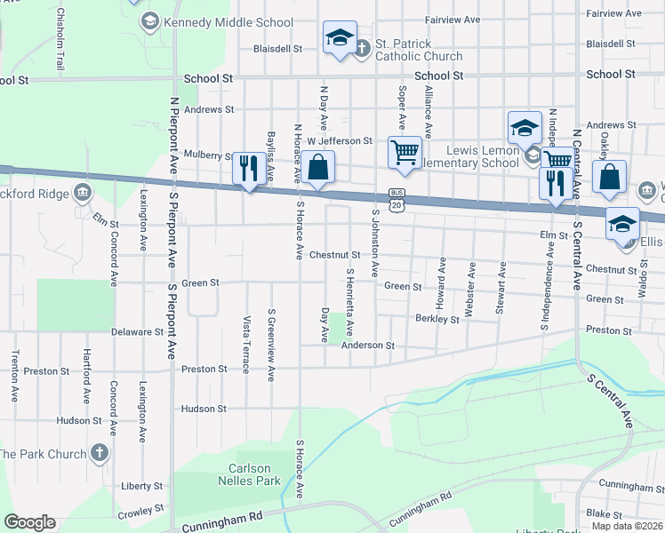 map of restaurants, bars, coffee shops, grocery stores, and more near 303 South Day Avenue in Rockford