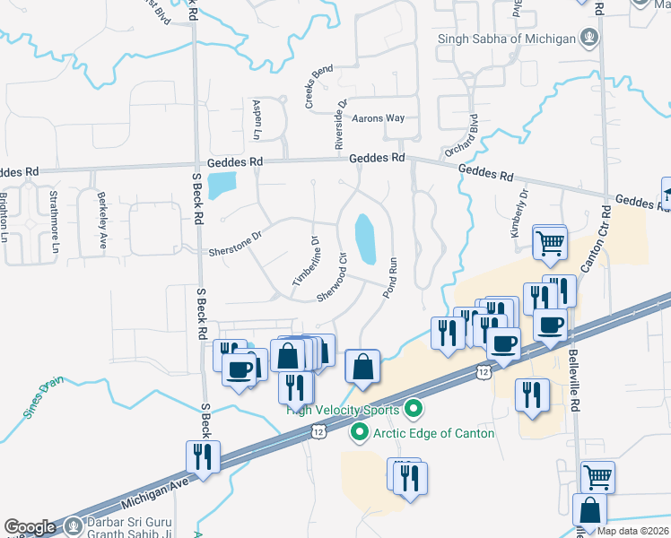 map of restaurants, bars, coffee shops, grocery stores, and more near 4345 Timberline Drive in Canton