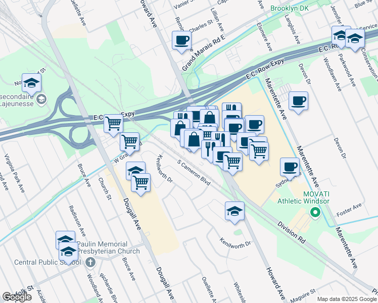 map of restaurants, bars, coffee shops, grocery stores, and more near 3009 Howard Avenue in Windsor