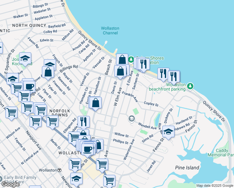 map of restaurants, bars, coffee shops, grocery stores, and more near 109 Davis Street in Quincy