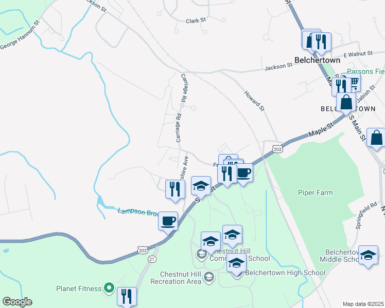 map of restaurants, bars, coffee shops, grocery stores, and more near 99 Front Street in Belchertown