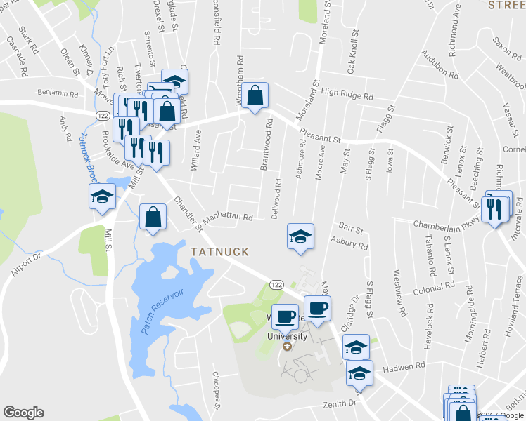 map of restaurants, bars, coffee shops, grocery stores, and more near 93 Brantwood Road in Worcester