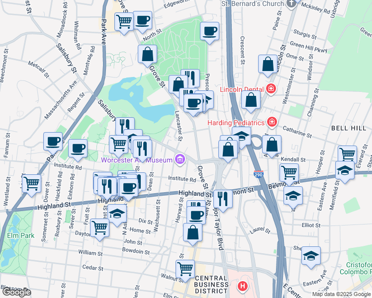 map of restaurants, bars, coffee shops, grocery stores, and more near 60 Salisbury Street in Worcester