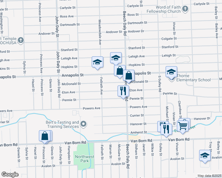 map of restaurants, bars, coffee shops, grocery stores, and more near 25954 Eton Avenue in Dearborn Heights