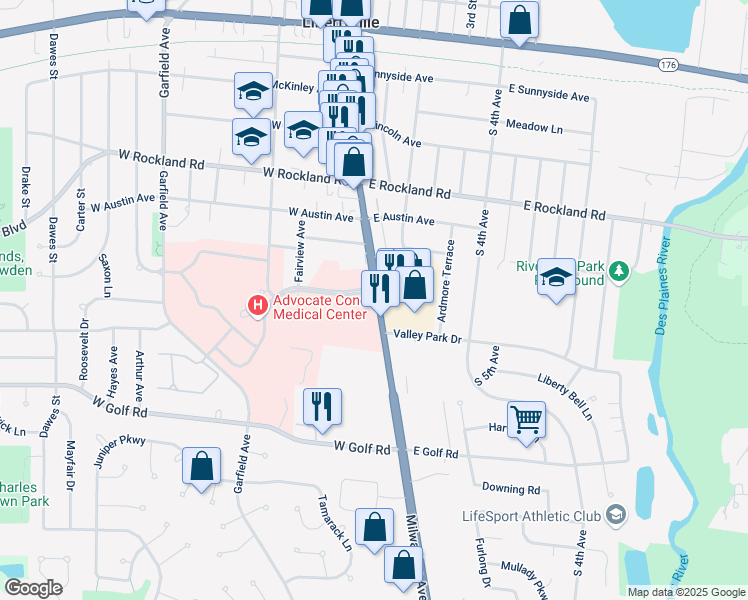 map of restaurants, bars, coffee shops, grocery stores, and more near 820 South Milwaukee Avenue in Libertyville