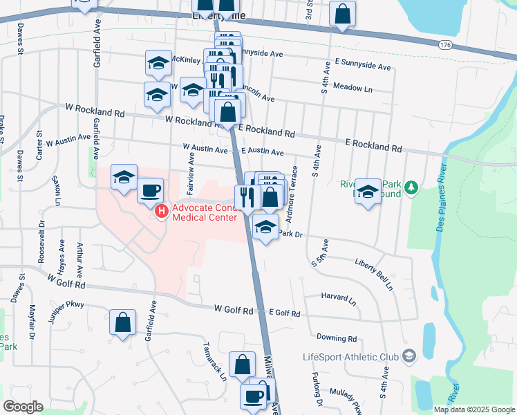 map of restaurants, bars, coffee shops, grocery stores, and more near 820 South Milwaukee Avenue in Libertyville