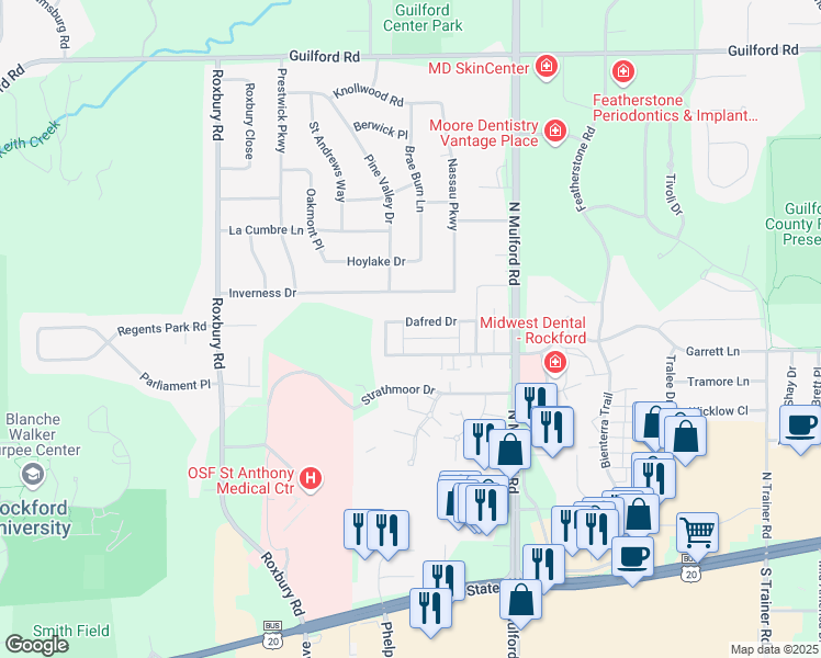 map of restaurants, bars, coffee shops, grocery stores, and more near 5811 Dafred Drive in Rockford