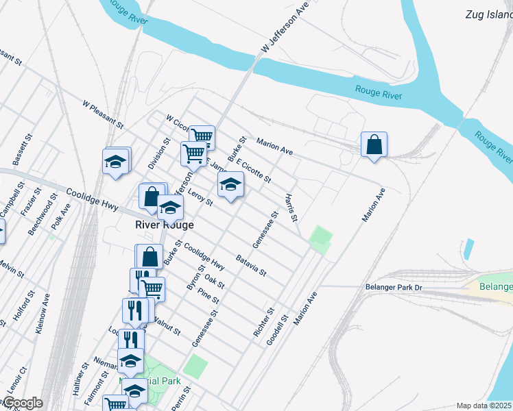 map of restaurants, bars, coffee shops, grocery stores, and more near 80 East James Street in River Rouge