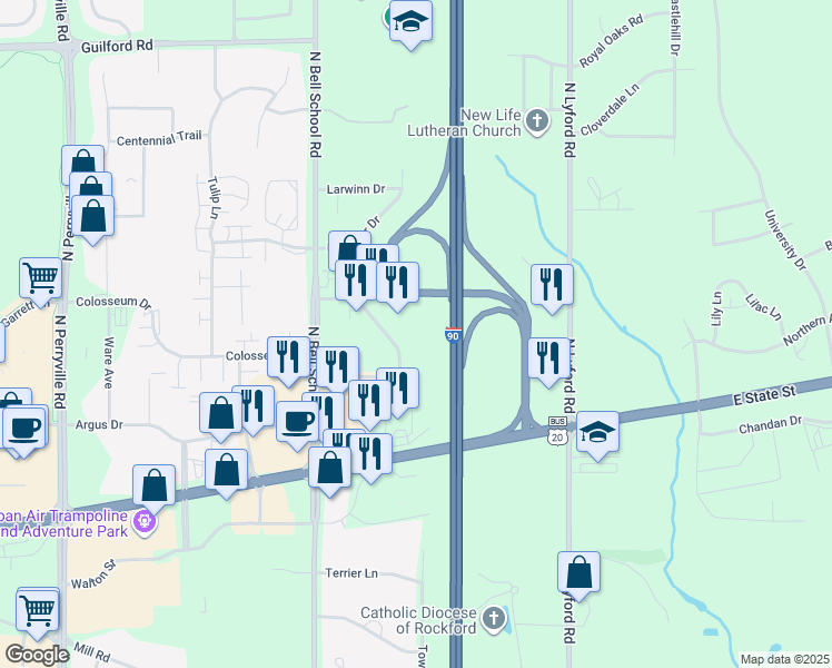 map of restaurants, bars, coffee shops, grocery stores, and more near 653 Clark Drive in Rockford