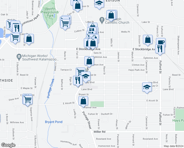 map of restaurants, bars, coffee shops, grocery stores, and more near 823 Reed Avenue in Kalamazoo