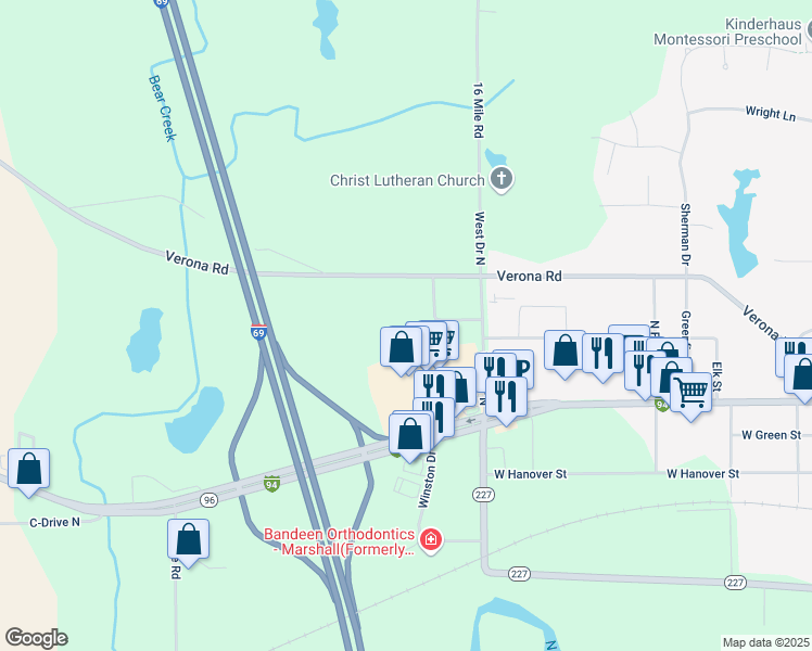 map of restaurants, bars, coffee shops, grocery stores, and more near 180 West Drive South in Marshall