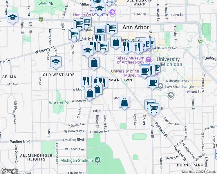map of restaurants, bars, coffee shops, grocery stores, and more near 211 East Madison Street in Ann Arbor