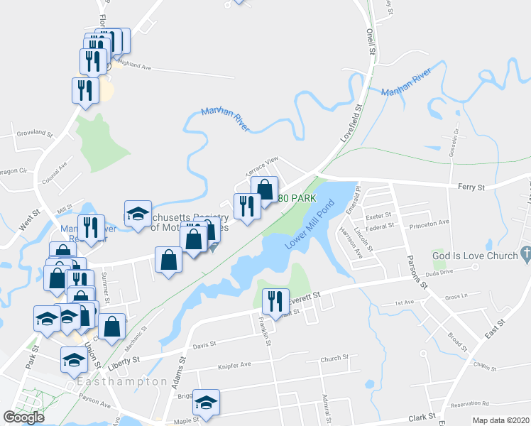 map of restaurants, bars, coffee shops, grocery stores, and more near 150 Pleasant Street in Easthampton