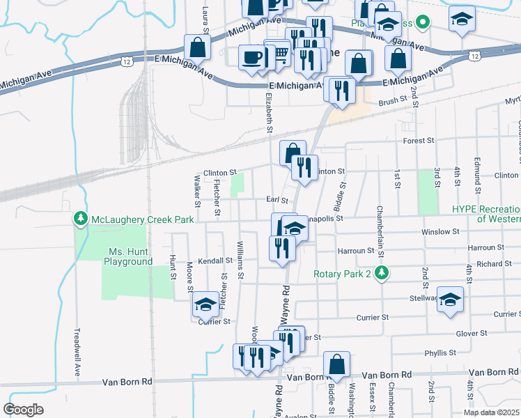 map of restaurants, bars, coffee shops, grocery stores, and more near 4506 Elizabeth Street in Wayne