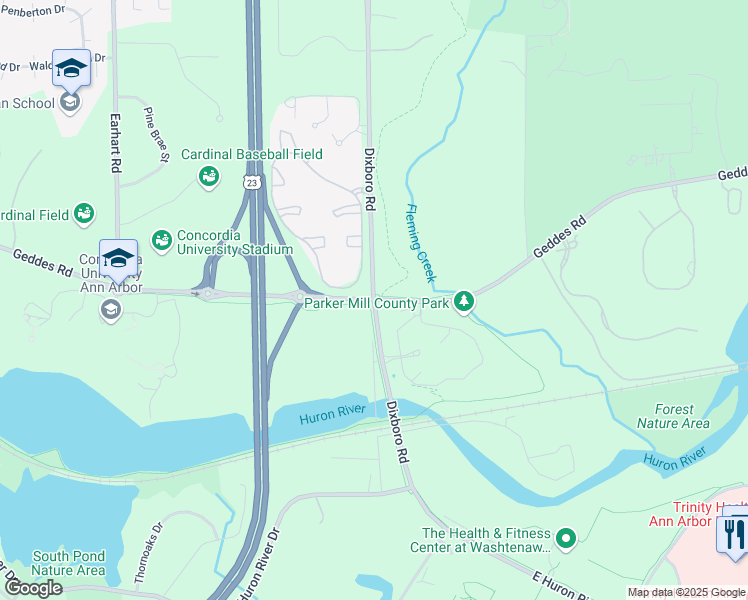 map of restaurants, bars, coffee shops, grocery stores, and more near Geddes Rd & N Dixboro Rd in Ann Arbor