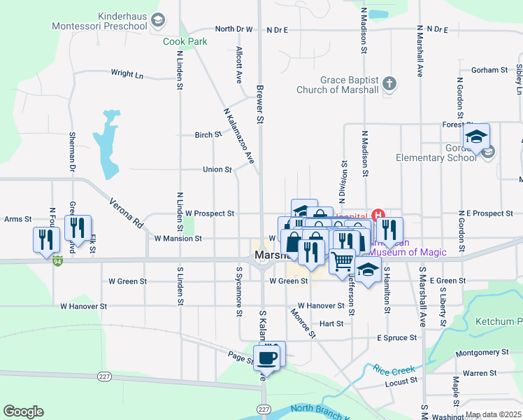 map of restaurants, bars, coffee shops, grocery stores, and more near 310 North Kalamazoo Avenue in Marshall