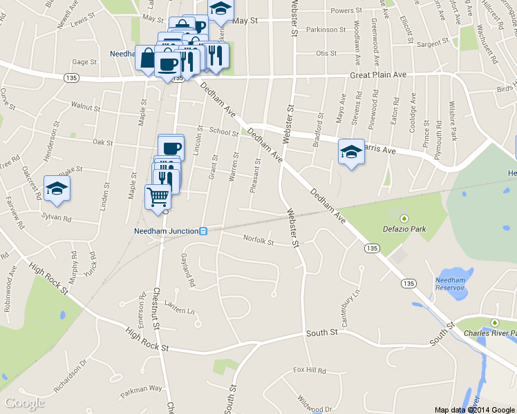 map of restaurants, bars, coffee shops, grocery stores, and more near 45 Howland Street in Needham