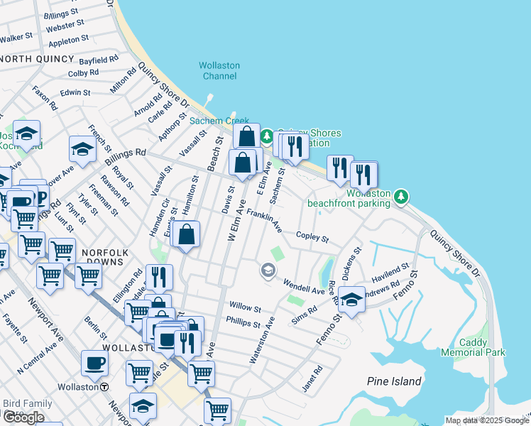 map of restaurants, bars, coffee shops, grocery stores, and more near 1 Sachem Park in Quincy