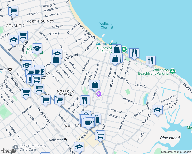 map of restaurants, bars, coffee shops, grocery stores, and more near 201 Beach Street in Quincy