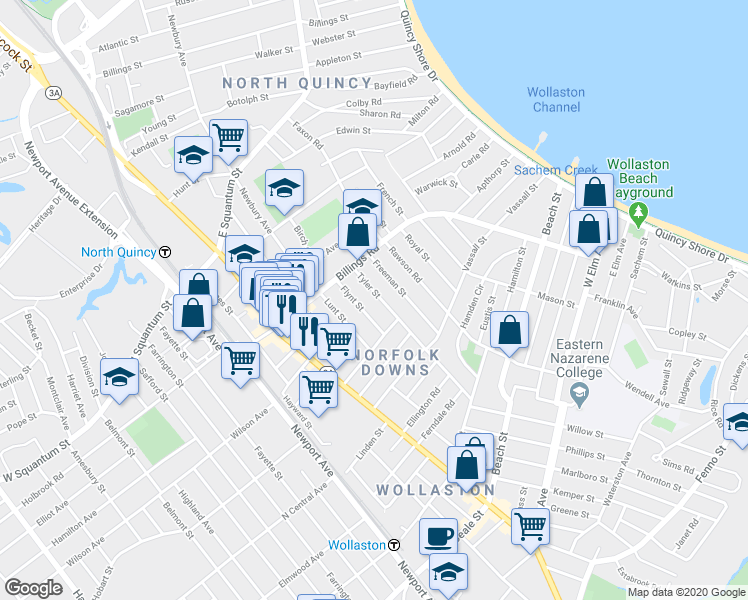 map of restaurants, bars, coffee shops, grocery stores, and more near 39 Freeman Street in Quincy