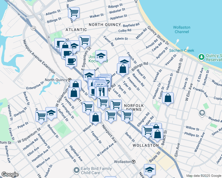 map of restaurants, bars, coffee shops, grocery stores, and more near 67 Billings Road in Quincy