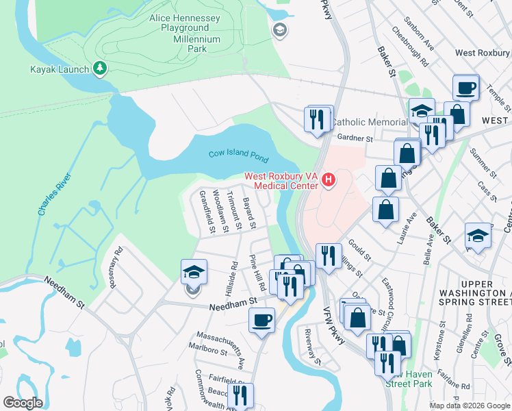 map of restaurants, bars, coffee shops, grocery stores, and more near 134 Riverside Drive in Dedham