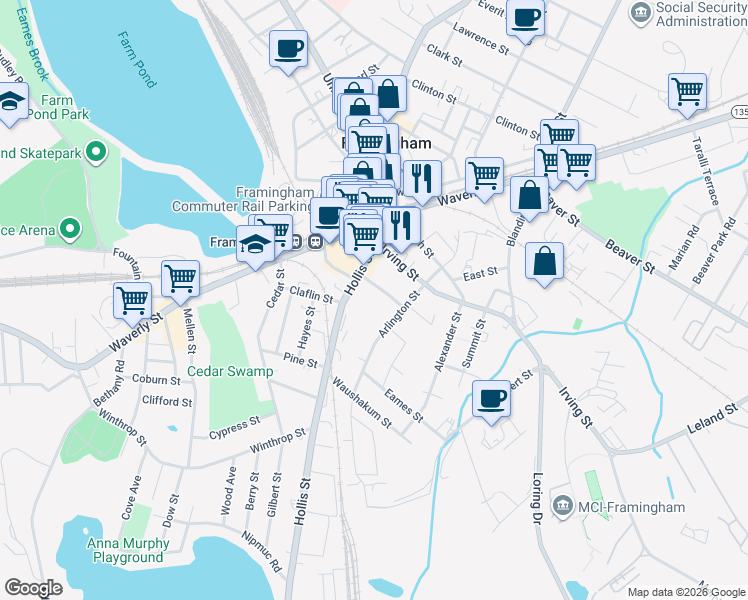 map of restaurants, bars, coffee shops, grocery stores, and more near 29 Gordon Street in Framingham