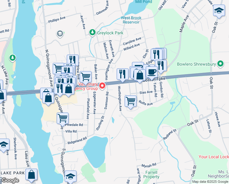 map of restaurants, bars, coffee shops, grocery stores, and more near 6 -8 Worthington Avenue in Shrewsbury