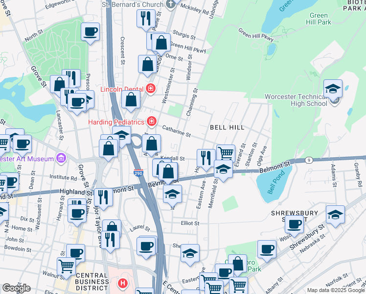 map of restaurants, bars, coffee shops, grocery stores, and more near 12A Channing Street in Worcester