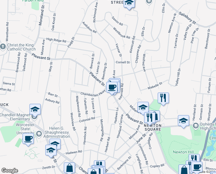map of restaurants, bars, coffee shops, grocery stores, and more near 2 Ureco Terrace in Worcester