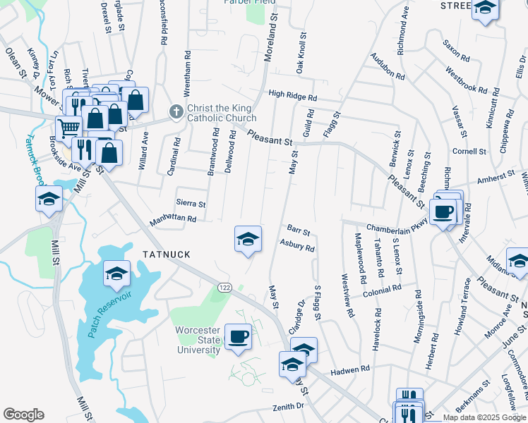 map of restaurants, bars, coffee shops, grocery stores, and more near 90 Moore Avenue in Worcester