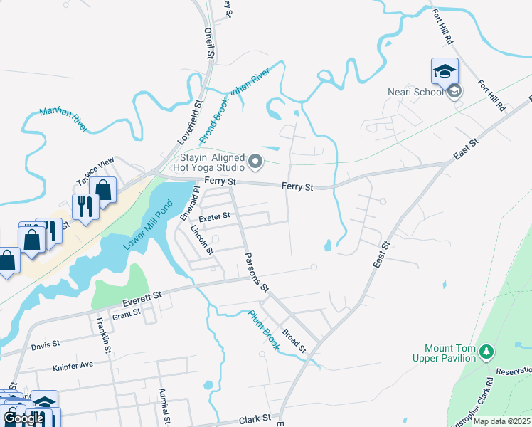 map of restaurants, bars, coffee shops, grocery stores, and more near 13 Boylston Street in Easthampton