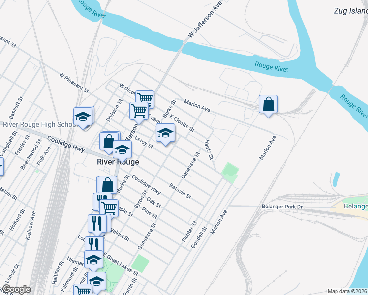map of restaurants, bars, coffee shops, grocery stores, and more near 80 East James Street in River Rouge