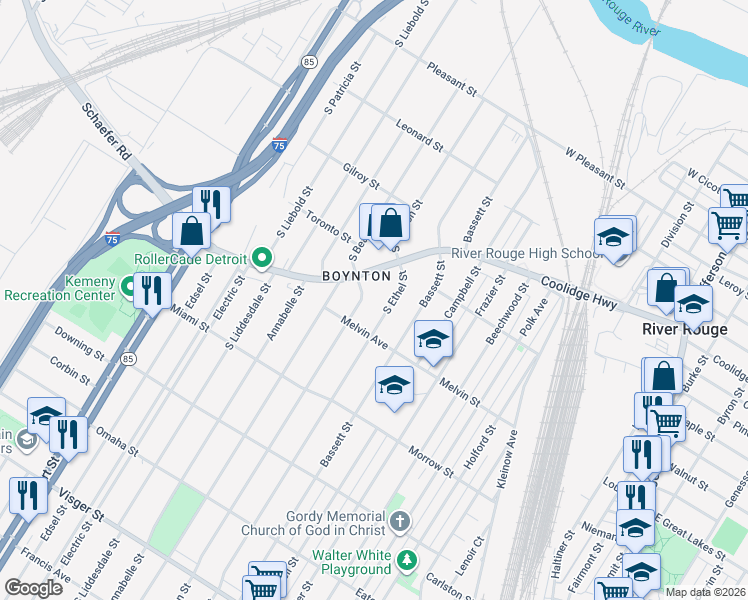 map of restaurants, bars, coffee shops, grocery stores, and more near in Detroit