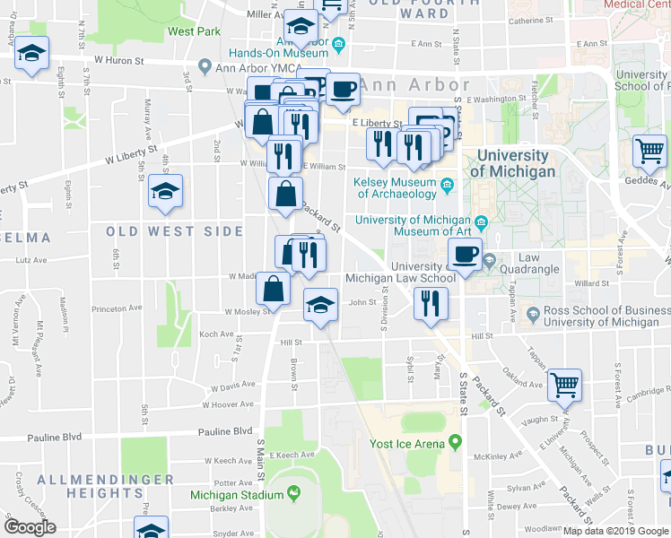 map of restaurants, bars, coffee shops, grocery stores, and more near 554 South 5th Avenue in Ann Arbor