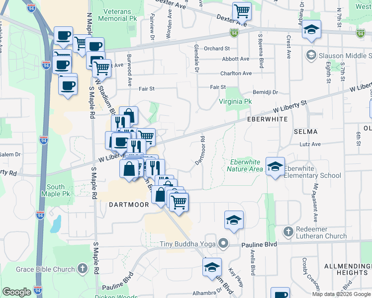 map of restaurants, bars, coffee shops, grocery stores, and more near 1936 Peppermill Way in Ann Arbor