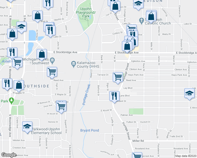 map of restaurants, bars, coffee shops, grocery stores, and more near 475 Reed Avenue in Kalamazoo