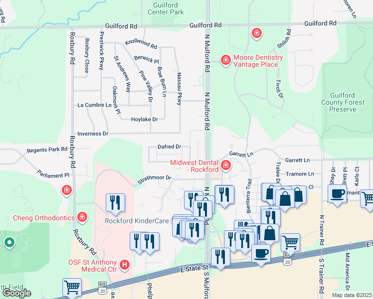 map of restaurants, bars, coffee shops, grocery stores, and more near 571 Donna Drive in Rockford