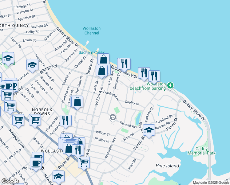 map of restaurants, bars, coffee shops, grocery stores, and more near 1 Sachem Park in Quincy