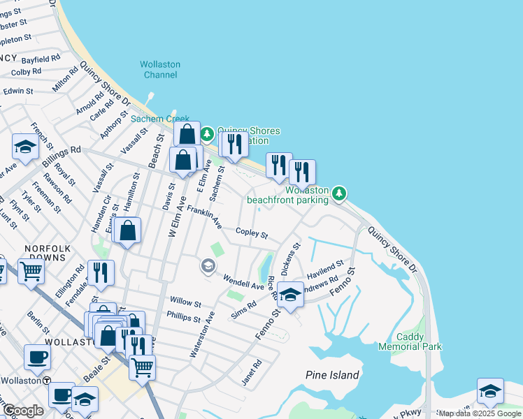 map of restaurants, bars, coffee shops, grocery stores, and more near 7 Jordan Street in Quincy